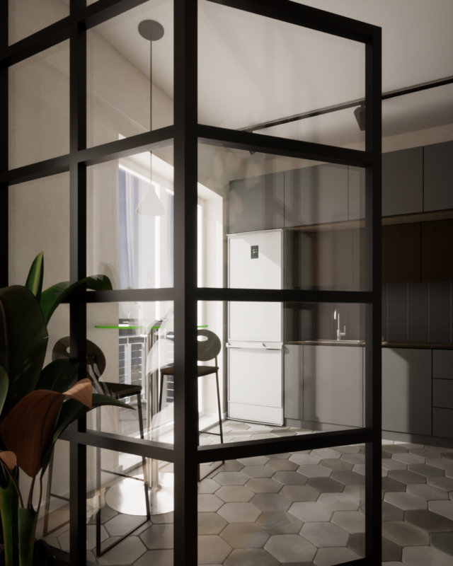 Cucina a vista ma chiusa da una vetrata